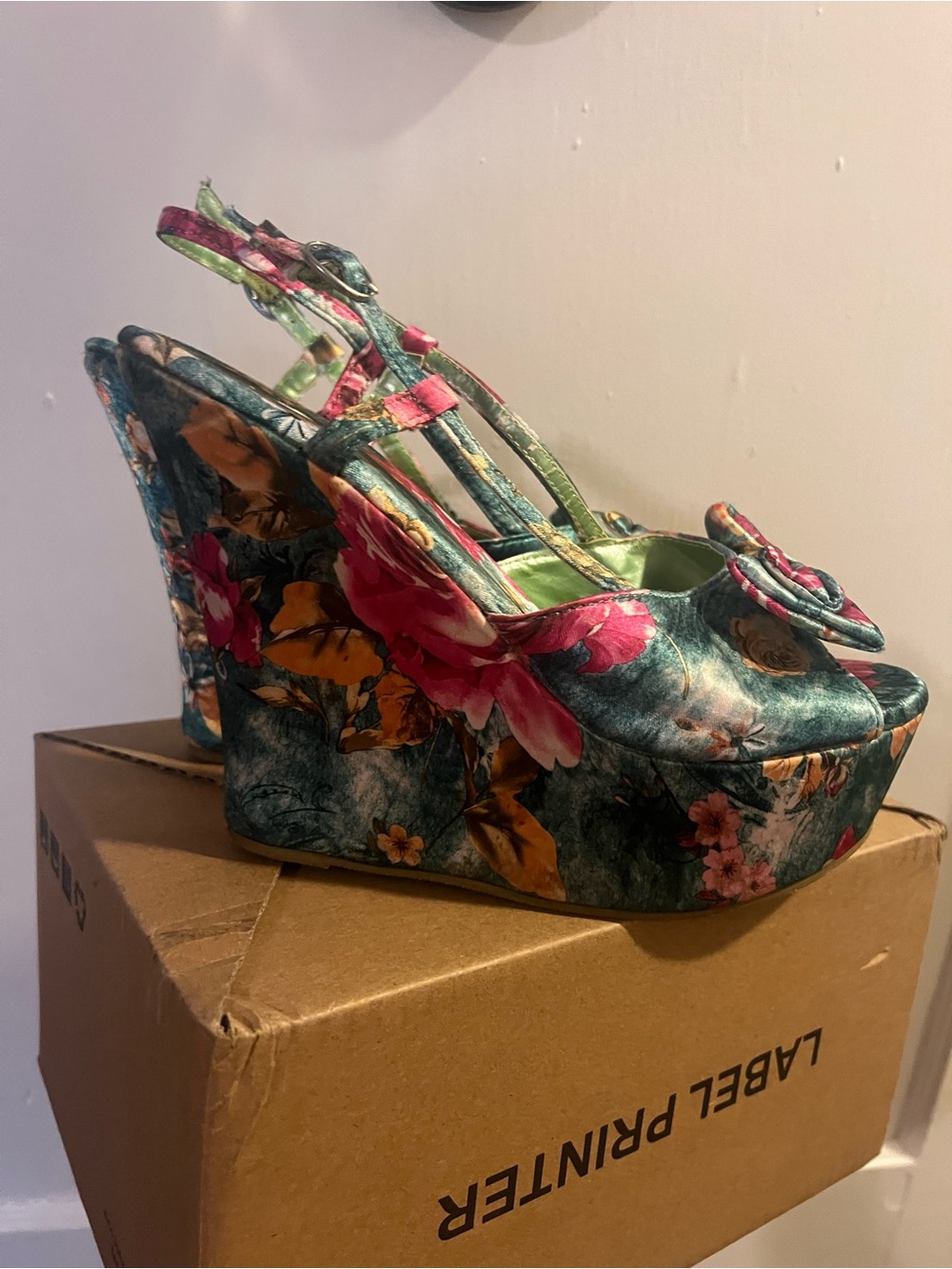 Pierre Dumas Floral Strappy Platform Wedge Sandals with Retro Pinup Bow Detail